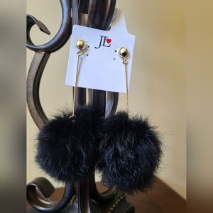 Black Faux Fur Pom Pom Drop Earrings